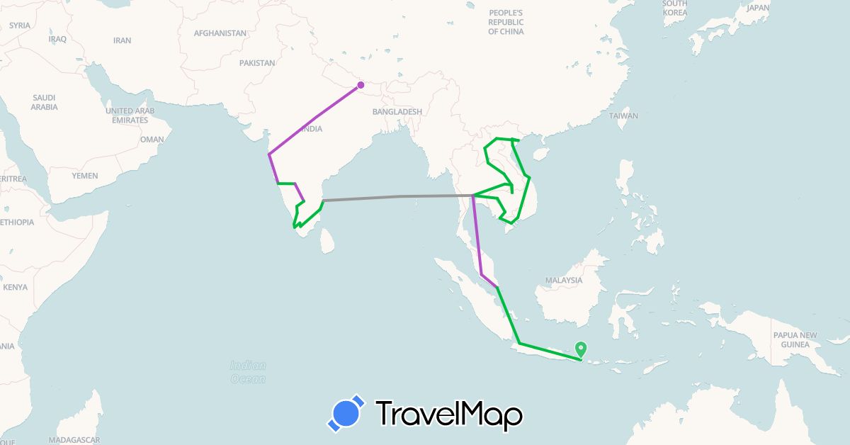 TravelMap itinerary: driving, bus, plane, train in Indonesia, India, Cambodia, Laos, Malaysia, Nepal, Singapore, Thailand, Vietnam (Asia)
